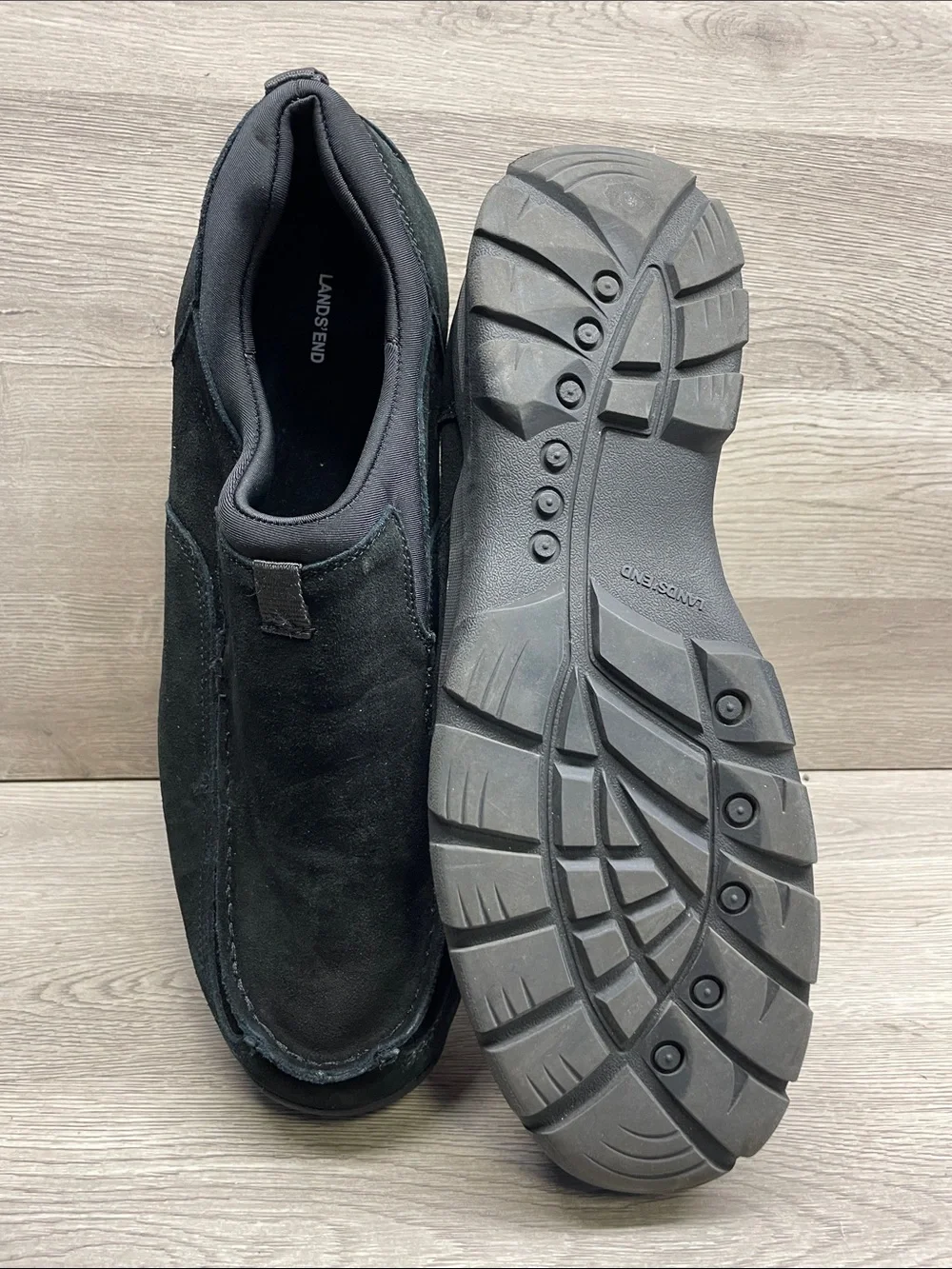 Lands' End Men's Black Slip-On Suede Loafers with Rugged Tread #2003